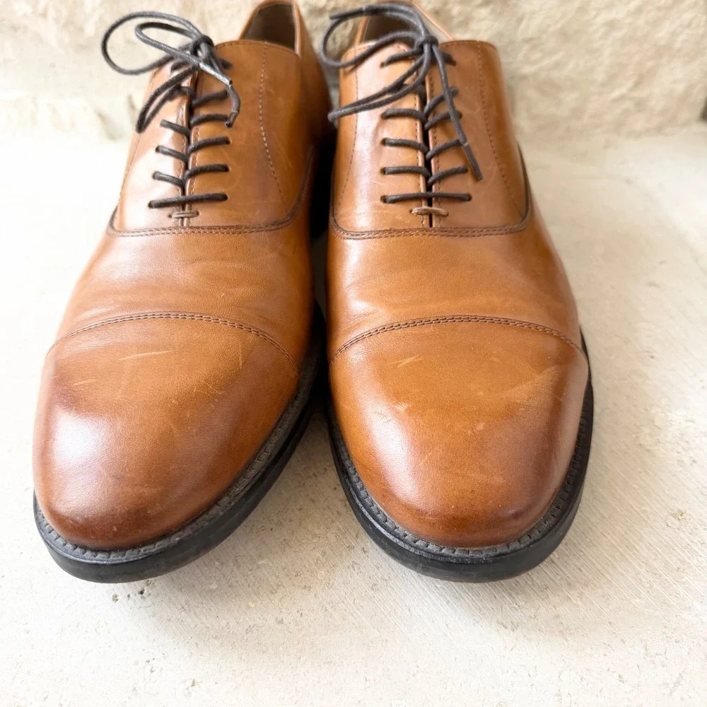Banana Republic Mens Italian Leather Cap Toe Oxford Shoes Cognac Brown 11